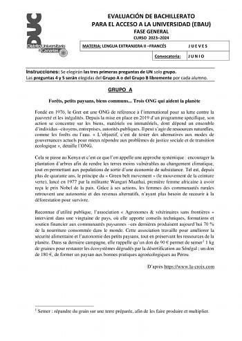 Examen de Francés (EBAU de 2024)