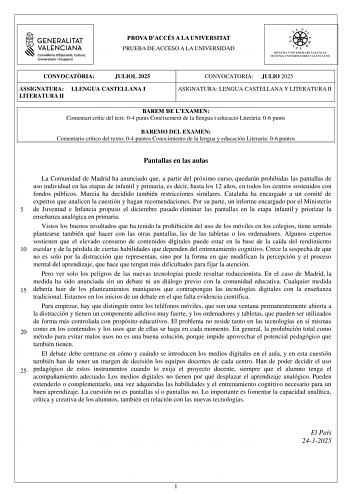 Examen de Lengua Castellana y Literatura (PAU de 2025)