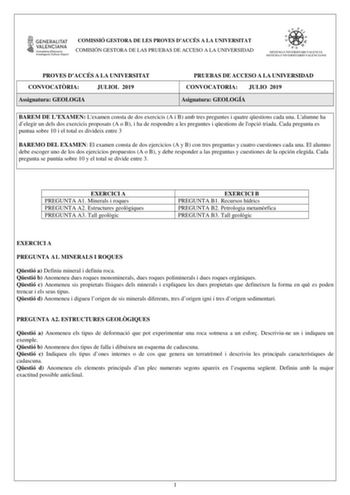 Examen de Geología y Ciencias Ambientales (PAU de 2019)