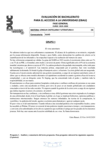 Examen de Lengua Castellana y Literatura (EBAU de 2020)
