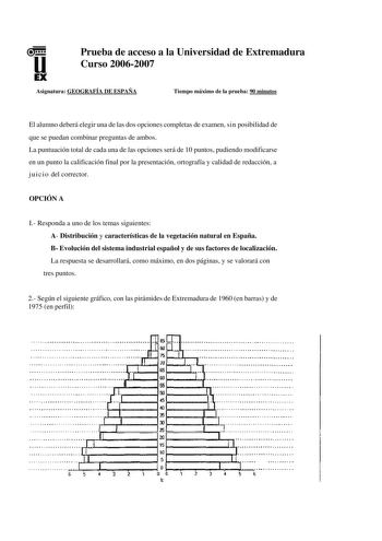 u EX Prueba de acceso a la Universidad de Extremadura Curso 20062007 Asignatura GEOGRAFÍA DE ESPAÑA Tiempo máximo de la prueba 90 minutos El alumno deberá elegir una de las dos opciones completas de examen sin posibilidad de que se puedan combinar preguntas de ambos La puntuación total de cada una de las opciones será de 10 puntos pudiendo modificarse en un punto la calificación final por la presentación ortografía y calidad de redacción a ju i c i o del corrector OPCIÓN A I Responda a uno de l…