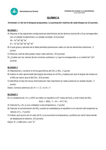 Examen de Química (selectividad de 2005)