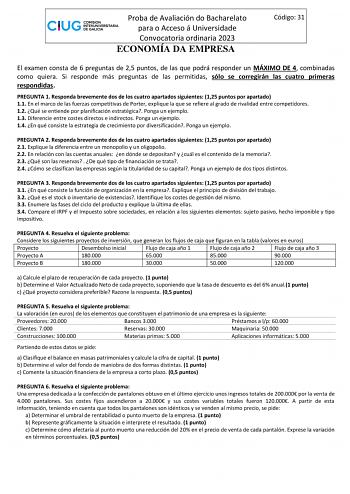 Proba de Avaliación do Bacharelato para o Acceso á Universidade Convocatoria ordinaria 2023 ECONOMÍA DA EMPRESA Código 31 El examen consta de 6 preguntas de 25 puntos de las que podrá responder un MÁXIMO DE 4 combinadas como quiera Si responde más preguntas de las permitidas sólo se corregirán las cuatro primeras respondidas PREGUNTA 1 Responda brevemente dos de los cuatro apartados siguientes 125 puntos por apartado 11 En el marco de las fuerzas competitivas de Porter explique la que se refier…