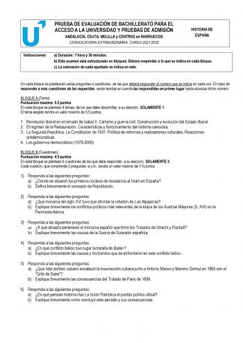 Examen de Historia de España (PEvAU de 2022)