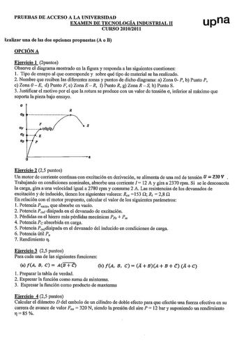 PRUEBAS DE ACCESO A LA UNIVERSIDAD EXAMEN DE TECNOLOGÍA INDUSTRIAL 11 CURSO 20102011 upna lealizar una de las dos opciones propuestas A o B OPCIÓN A Ejercicio 1 2puntos Observe el diagrama mostrado en la figura y responda a las siguientes cuestiones 1 Tipo de ensayo al que corresponde y sobre qué tipo de material se ha realizado 2 Nombre que reciben las diferentes zonas y puntos de dicho diagrama a Zona O P b Punto P c Zona O E d Punto F e Zona E  R t Punto R g Zona R  S h Punto S 3 Justificar …