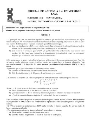 Examen de Matemáticas Aplicadas a las Ciencias Sociales (PAU de 2015)