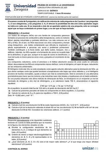 Examen de Química (EvAU de 2025)