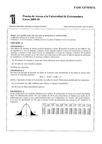 FASE GENERAL u EX Prueba de Acceso a la Universidad de Extremadura Curso 200910 Asignatura Matemáticas Aplicadas a las Ciencias Sociales 11 Tiempo máximo de la prueba 1hora 30 minutos Elegir una opción entre las dos que se proponen a continuación Calificación máxima de la prueba 10 puntos Problema 1 de O a 35 puntos Problema 2 de O a 3 puntos Problema 3 de O a 35 puntos OPCIÓN A PROBLEMA 1 Una fábrica de muebles de oficina produce armarios y mesas El proceso se realiza en dos talleres uno de ca…