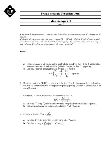 Examen de Matemáticas II (PAU de 2011)