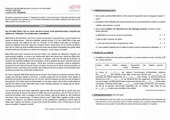 Evaluación del Bachillerato para el Acceso a la Universidad CURSO 20222023 ASIGNATURA FRANCÉS El examen consta de tres partes 1 Comprensión escrita 2 Uso de la lengua 3 Expresión escrita De cada parte se presentan dos opciones A y B Se deben desarrollar las tres partes eligiendo para cada una de ellas la opción que se desee A o B Opción A Qui est Billie Eilish Qui se cache derrire la jeune icne générationnelle  laquelle des millions de millénials du monde entier sidentifient Billie Eilish le di…