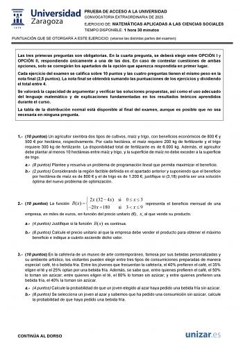 Examen de Matemáticas Aplicadas a las Ciencias Sociales (EvAU de 2025)
