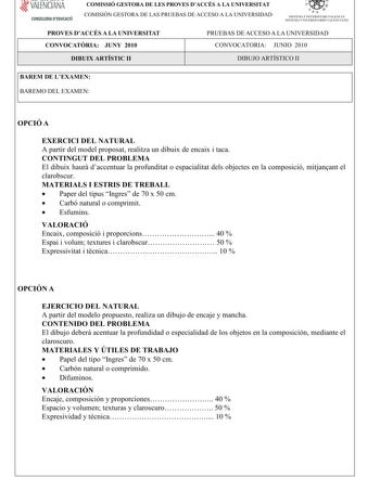 VALENCIANA CONSELLERIA DEDUCACIÓ COMISSIÓ GESTORA DE LES PROVES DACCÉS A LA UNIVERSITAT COMISIÓN GESTORA DE LAS PRUEBAS DE ACCESO A LA UNIVERSIDAD  111  SISTEMA UNIVERSITARI VALENCIÁ SISTE1VIA lJNIVERSITARIO VALENCIANO PROVES DACCÉS A LA UNIVERSITAT CONVOCATRIA JUNY 2010 PRUEBAS DE ACCESO A LA UNIVERSIDAD CONVOCATORIA JUNIO 2010 DIBUIX ARTÍSTIC II DIBUJO ARTÍSTICO II BAREM DE LEXAMEN BAREMO DEL EXAMEN OPCIÓ A EXERCICI DEL NATURAL A partirdelmodelproposatrealitzaundibuixdeencaixitaca CONTINGUT D…