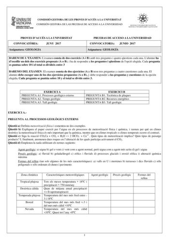 1GENERALITAT  VALENCIANA CONSILLERIADIDUCACIÓ INVESTIGACIO CULTURA I ESlCIT COMISSIÓ GESTORA DE LES PROVES DACCÉS A LA UNIVERSITAT COMISIÓN GESTORA DE LAS PRUEBAS DE ACCESO A LA UNIVERSIDAD    tlfl  SISTEMA tVERSITARI VALENCJA SISTlMA lJMVlHS JlARIO VALlCIANO PROVES DACCÉS A LA UNIVERSITAT CONVOCATRIA JUNY 2017 Assignatura GEOLOGIA PRUEBAS DE ACCESO A LA UNIVERSIDAD CONVOCATORIA JUNIO 2017 Asignatura GEOLOGÍA BAREM DE LEXAMEN Lexamen consta de dos exercicis A i B amb tres preguntes i quatre qes…