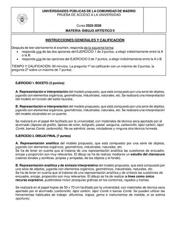 Dibujo Artístico II – EvAU Comunidad de Madrid (2026)