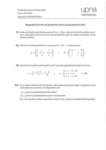 Matemáticas II – EvAU Navarra (2026)