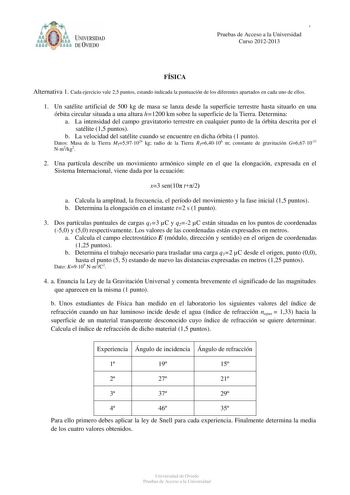 PRUEBAS DE ACCESO A LA UNIVERSIDAD Pruebas de ACucrcseos2o01a1l2a0U12niversidad Curso 20122013 FÍSICA Alternativa 1 Cada ejercicio vale 25 puntos estando indicada la puntuación de los diferentes apartados en cada uno de ellos 1 Un satélite artificial de 500 kg de masa se lanza desde la superficie terrestre hasta situarlo en una órbita circular situada a una altura h1200 km sobre la superficie de la Tierra Determina a La intensidad del campo gravitatorio terrestre en cualquier punto de la órbita…