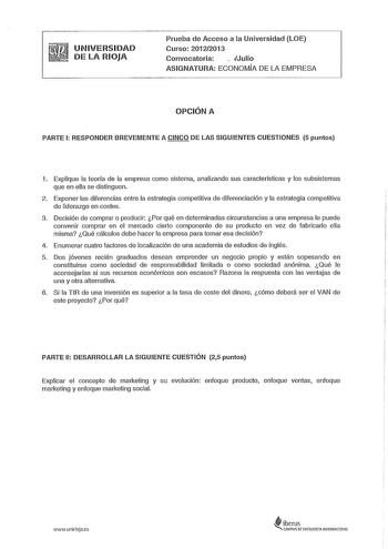 Examen de Economía de la Empresa (PAU de 2013)