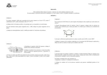 UNJVERSIDAD DEVIEDO Pruebas de Acceso a la Universidad Curso 20112012 BIOLOGÍA Ella estudiante deberá elegir una opción y contestar a las cuatro unidades propuestas en ella En cada unidad la valoración máxima de los apartados a y b será 1 punto y la del c 05 puntos redondeo a la milésima OPCIÓN A UNIDAD 1 Los grupos sanguíneos AB0 están controlados por los genes situados en el locus IAIBi siendo IA codominante con IB y ambos dominantes sobre i IA  IB  i a Indique todos los fenotipos posibles y …