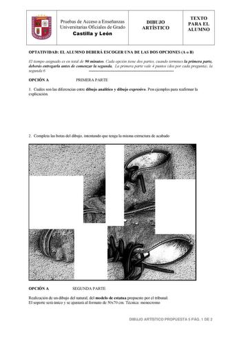 1 Pruebas de Acceso a Enseñanzas Universitarias Oficiales de Grado Castilla y León DIBUJO ARTÍSTICO TEXTO PARA EL ALUMNO OPTATIVIDAD EL ALUMNO DEBERÁ ESCOGER UNA DE LAS DOS OPCIONES A o B El tiempo asignado es en total de 90 minutos Cada opción tiene dos partes cuando termines la primera parte deberás entregarla antes de comenzar la segunda La primera parte vale 4 puntos dos por cada pregunta la segunda 6  OPCIÓN A PRIMERA PARTE 1 Cuáles son las diferencias entre dibujo analítico y dibujo expre…