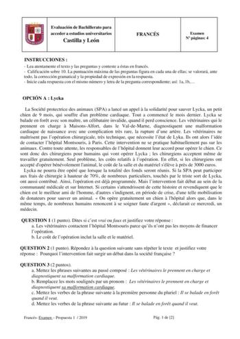 Evaluación de Bachillerato para acceder a estudios universitarios Castilla y León FRANCÉS Examen N páginas 4 INSTRUCCIONES   Lea atentamente el texto y las preguntas y conteste a éstas en francés  Calificación sobre 10 La puntuación máxima de las preguntas figura en cada una de ellas se valorará ante todo la corrección gramatical y la propiedad de expresión en la respuesta  Inicie cada respuesta con el mismo número y letra de la pregunta correspondiente así 1a 1b OPCIÓN A  Lycka La Société prot…