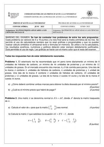 Examen de Matemáticas Aplicadas a las Ciencias Sociales (PAU de 2023)