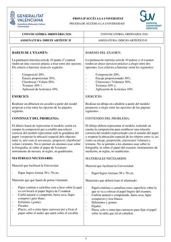 Dibujo Artístico II – PAU Comunidad Valenciana (2026)