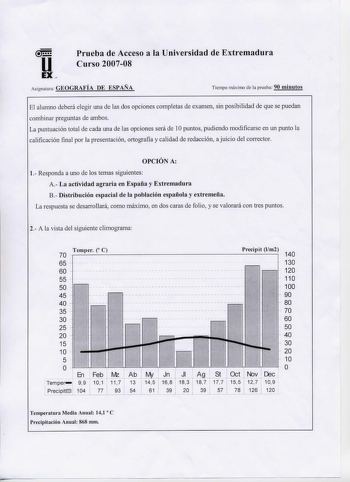 Prueba de Acceso a la Universidad de Extremadura Curso 200708 Asignatura GEOGRAFÍA DE ESPAÑA Tiempo 1náxi1no de la prueba 90 minutos El alunmo deberá elegir tina de las dos opciones completas de examen sin posibilidad de que se puedan combinar preguntas de ainbos La puntuación total de cada una de las opciones será de 1Opuntos pudiendo modificarse en un punto la calificación final por la presentación ortografía y calidad de redacción a juicio del corrector OPCIÓN A 1 Respo11da a uno de los tema…