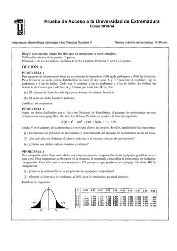 Examen de Matemáticas Aplicadas a las Ciencias Sociales (PAU de 2014)