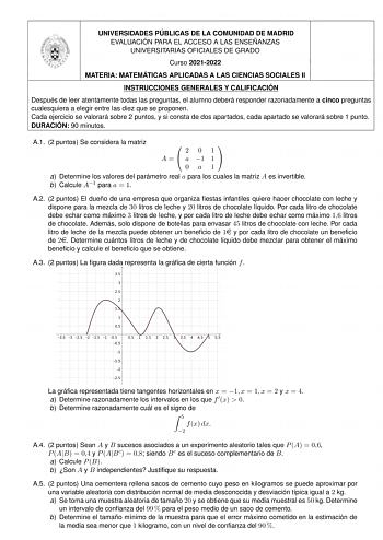 UNIVERSIDADES PÚBLICAS DE LA COMUNIDAD DE MADRID EVALUACIÓN PARA EL ACCESO A LAS ENSEÑANZAS UNIVERSITARIAS OFICIALES DE GRADO Curso 20212022 MATERIA MATEMÁTICAS APLICADAS A LAS CIENCIAS SOCIALES II INSTRUCCIONES GENERALES Y CALIFICACIÓN Después de leer atentamente todas las preguntas el alumno deberá responder razonadamente a cinco preguntas cualesquiera a elegir entre las diez que se proponen Cada ejercicio se valorará sobre 2 puntos y si consta de dos apartados cada apartado se valorará sobre…