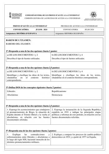 Examen de Historia de España (PAU de 2024)