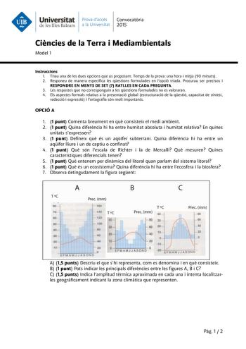 Examen de Ciencias de la Tierra y Medioambientales (PAU de 2015)