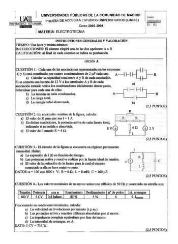 Examen de Electrotecnia (selectividad de 2004)