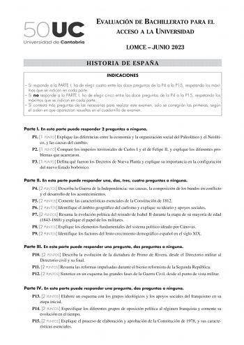 Examen de Historia de España (EBAU de 2023)