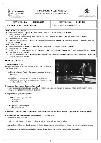 Examen de Artes Escénicas (PAU de 2025)