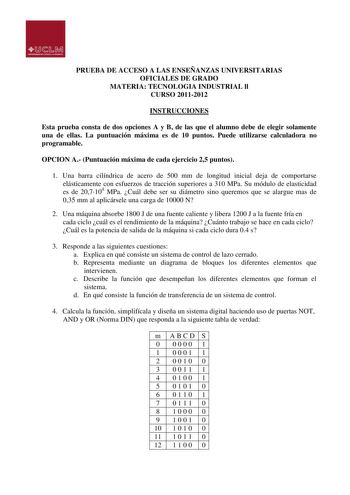 PRUEBA DE ACCESO A LAS ENSEÑANZAS UNIVERSITARIAS OFICIALES DE GRADO MATERIA TECNOLOGIA INDUSTRIAL ll CURSO 20112012 INSTRUCCIONES Esta prueba consta de dos opciones A y B de las que el alumno debe de elegir solamente una de ellas La puntuación máxima es de 10 puntos Puede utilizarse calculadora no programable OPCION A Puntuación máxima de cada ejercicio 25 puntos 1 Una barra cilíndrica de acero de 500 mm de longitud inicial deja de comportarse elásticamente con esfuerzos de tracción superiores …