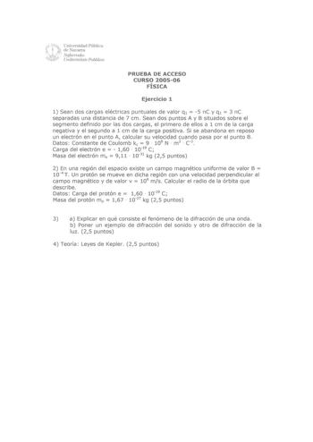 l   Universidad Pública 1  lle Navarra Nafarroa  Umbertsilate Publikoa PRUEBA DE ACCESO CURSO 200506 FÍSICA Ejercicio 1 1 Sean dos cargas eléctricas puntuales de valor q1  5 nC y q2  3 ne separadas una distancia de 7 cm Sean dos puntos A y B situados sobre el segmento definido por las dos cargas el primero de ellos a 1 cm de la carga negativa y el segundo a 1 cm de la carga positiva Si se abandona en reposo un electrón en el punto A calcular su velocidad cuando pasa por el punto B Datos  Consta…