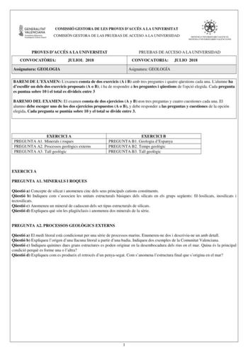 Examen de Geología y Ciencias Ambientales (PAU de 2018)