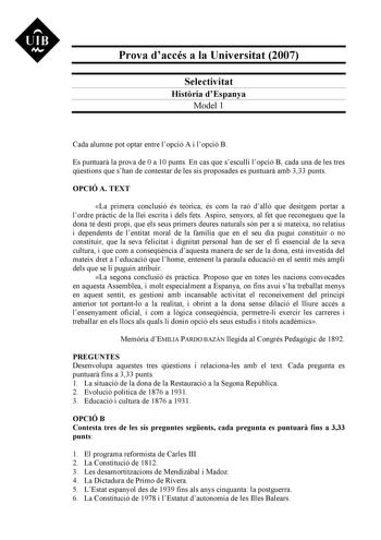 Examen de Historia de España (selectividad de 2007)