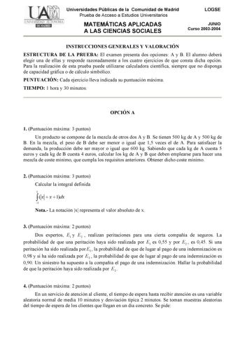 Examen de Matemáticas Aplicadas a las Ciencias Sociales (selectividad de 2004)