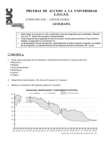 PRUEBAS DE ACCESO A LA UNIVERSIDAD LOGSE CURSO 20012002  CONVOCATORIA Universitario GEOGRAFÍA  Debe elegir una opción A o B y responder a las tres preguntas que se plantean Márcalo con una X  dentro del recuadro correspondiente  Cada pregunta tiene asignada el valor en puntos siendo para la primera 05 por término elegido la segunda 25 y la tercera 45  La presentación formal del ejercicio especialmente el orden expositivo seguido el cuidado de la ortografía y la claridad literaria de la redacció…