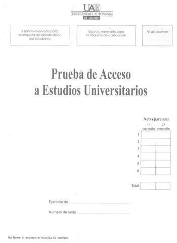 Espacio reserva d o para la etiqueto d e identificación d el estudiante Espacio reservado p oro la e tiqueto de colificoción Nde exornen Prueba de Acceso aEstudios Universitarios Ejercicio de    Número de sede Notas parciales i 2 corrección corrección 1 2 3 4 5 6 Total J   No firme el examen ni escriba su nombre No escnb en 810 pógino UNIVERSIDADES PÚBLICAS DE LA COMUNIDAD DE MADRID PRUEBA DE ACCESO A ESTUDIOS UNIVERSITARIOS LOGSE Curso 20042005 MATERIA DIBUJO TÉCNICO 11 Junio Septiembre RI R2R…