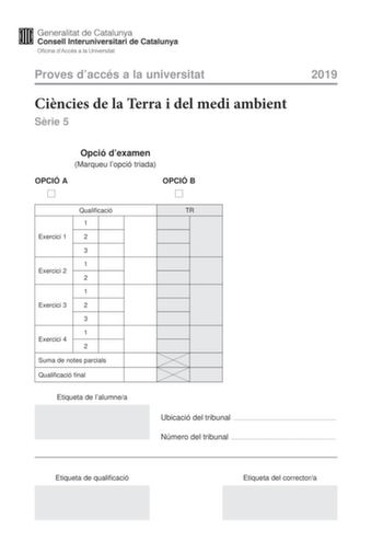 Examen de Ciencias de la Tierra y Medioambientales (PAU de 2019)