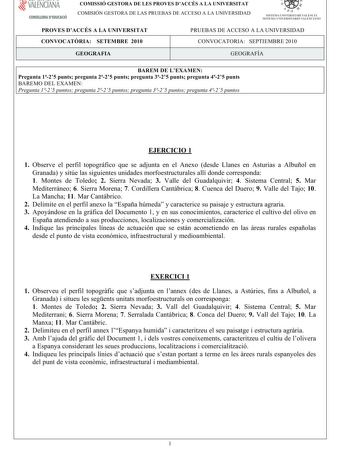 VALENCIANA CONSELLERIA DEDUCACIÓ COMISSIÓ GESTORA DE LES PROVES DACCÉS A LA UNIVERSITAT COM ISIÓN GESTORA DELASPRUEBASDEACCESO A LA UNIVERSIDAD    n  SISTE1 IA UNI VE RSITARI VA LENC IÁ SISTEMA UN IVE RSITA RI O VA L ENC IANO PROVES DACCÉS A LA UNIVERSITAT CONVOCATRIA SETEMBRE 2010 PRUEBASDEACCESO A LA UNIVERSIDAD CONVOCATORIA SEPTIEMBRE2010 GEOGRAFIA GEOGRAFÍA BAREM DE LEXAMEN Pregunta125puntspregunta225puntspregunta325puntspregunta425punts BAREM O DELEXAMEN Pregunta 125 puntos pregunta 225 pu…