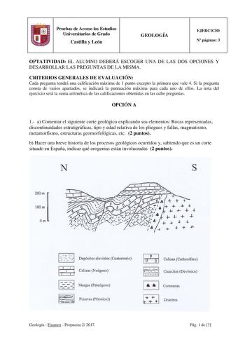 Pruebas de Acceso los Estudios Universitarios de Grado Castilla y León GEOLOGÍA EJERCICIO N páginas 3 OPTATIVIDAD EL ALUMNO DEBERÁ ESCOGER UNA DE LAS DOS OPCIONES Y DESARROLLAR LAS PREGUNTAS DE LA MISMA CRITERIOS GENERALES DE EVALUACIÓN Cada pregunta tendrá una calificación máxima de 1 punto excepto la primera que vale 4 Si la pregunta consta de varios apartados se indicará la puntuación máxima para cada uno de ellos La nota del ejercicio será la suma aritmética de las calificaciones obtenidas …