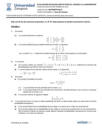 Examen de Matemáticas II (EvAU de 2018)