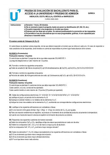 Examen de Química (PEvAU de 2023)