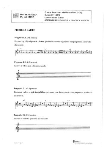 Examen de Lenguaje y Práctica Musical (PAU de 2012)