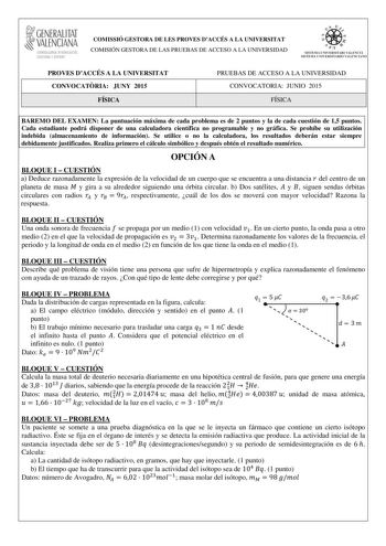 GENERALITAT VALENCIANA CONSELLERIA DEDUCACIÓ CULTURA I ESPORT COMISSIÓ GESTORA DE LES PROVES DACCÉS A LA UNIVERSITAT COMISIÓN GESTORA DE LAS PRUEBAS DE ACCESO A LA UNIVERSIDAD e 1 i  SISTEMA UNIVERSITARI VALENCIÁ SISTEMA l JNIVERSITARIO VALENCIANO PROVES DACCÉS A LA UNIVERSITAT CONVOCATRIA JUNY 2015 FÍSICA PRUEBAS DE ACCESO A LA UNIVERSIDAD CONVOCATORIA JUNIO 2015 FÍSICA BAREMO DEL EXAMEN La puntuación máxima de cada problema es de 2 puntos y la de cada cuestión de 15 puntos Cada estudiante pod…