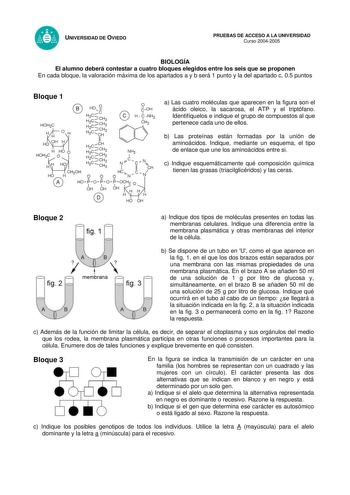 UNIVERSIDAD DE OVIEDO PRUEBAS DE ACCESO A LA UNIVERSIDAD Curso 20042005 BIOLOGÍA El alumno deberá contestar a cuatro bloques elegidos entre los seis que se proponen En cada bloque la valoración máxima de los apartados a y b será 1 punto y la del apartado c 05 puntos Bloque 1 a Las cuatro moléculas que aparecen en la figura son el ácido oleico la sacarosa el ATP y el triptófano Identifíquelos e indique el grupo de compuestos al que pertenece cada uno de ellos b Las proteínas están formadas por l…