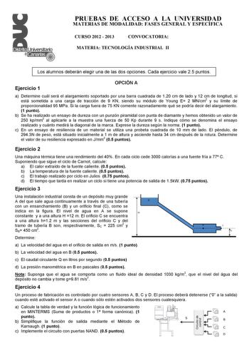 PRUEBAS DE ACCESO A LA UNIVERSIDAD MATERIAS DE MODALIDAD FASES GENERAL Y ESPECÍFICA CURSO 2012  2013 CONVOCATORIA MATERIA TECNOLOGÍA INDUSTRIAL II Los alumnos deberán elegir una de las dos opciones Cada ejercicio vale 25 puntos Ejercicio 1 OPCIÓN A a Determine cuál será el alargamiento soportado por una barra cuadrada de 120 cm de lado y 12 cm de longitud si está sometida a una carga de tracción de 9 KN siendo su módulo de Young E 2 MNcm2 y su límite de proporcionalidad 95 MPa Si la carga fuera…